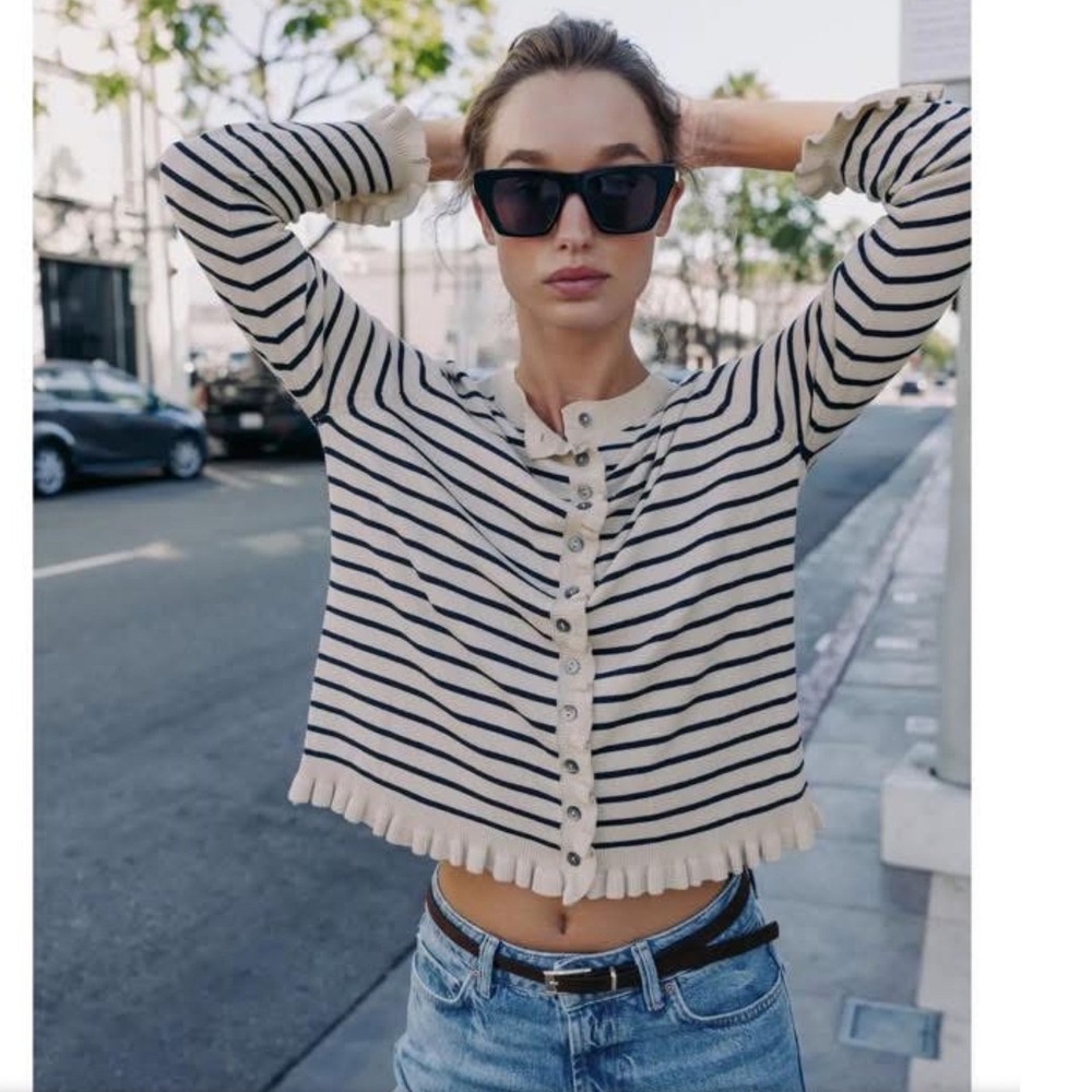 Zara Cream & Navy Stripe Ruffle Trim Cardigan Medium Button Front Bangladesh